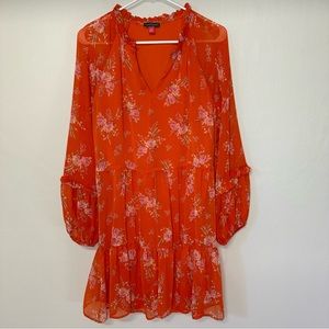Vince Camuto Chiffon Ruffled Blouson Mini Dress Floral Orange Pink Size M